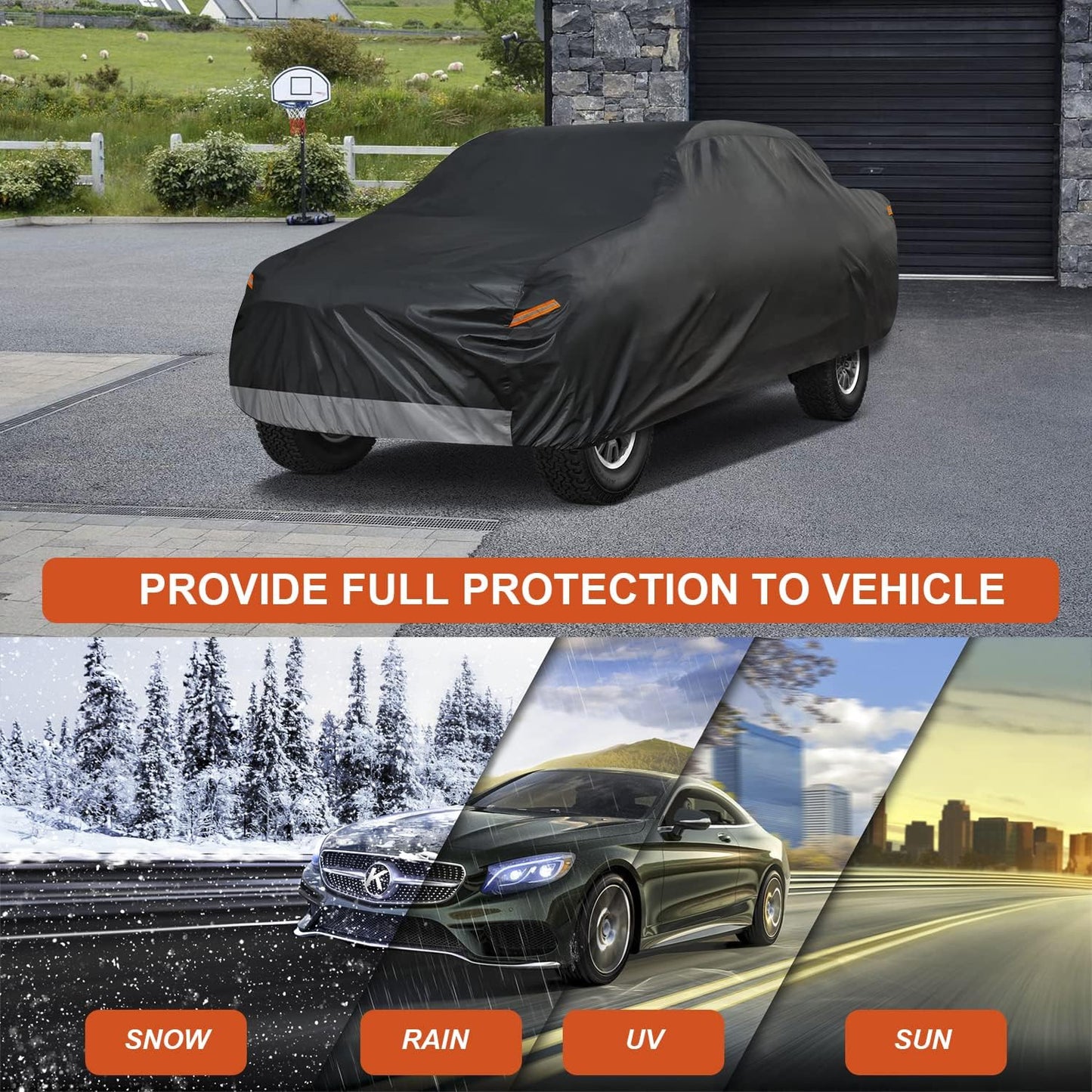 Kayme 7 Layers Truck Cover Waterproof All Weather, Universal Fit Chevy Silverado, GMC Sierra, Ford F150/F 150 Heavy Duty Outdoor Pickup Cover Snow Uv Sun Protection, (Length Up to 250 inch) XXL/Black.