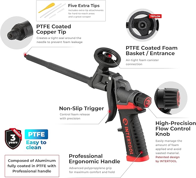 INTERTOOL Expanding Spray Foam Gun - PU Sealant Foam Applicator for Caulking, Insulation Dispensing, Filling Gaps and Cracks - Fully PTFE Non-Stick Teflon Coated for Easy Cleaning - PT-0610