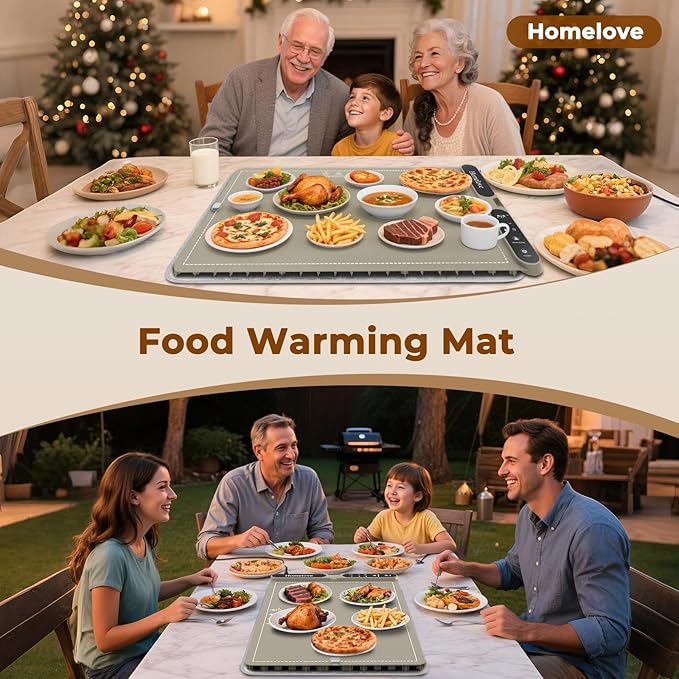 Homelove Food Warming Mat for Parties Buffet - Full Surface Fast Heating Electric Warming Tray with 7 Temp-Settings & 8H Timer, Portable Roll Up Food Warmer with Heat Insulation Pad XL-Khaki