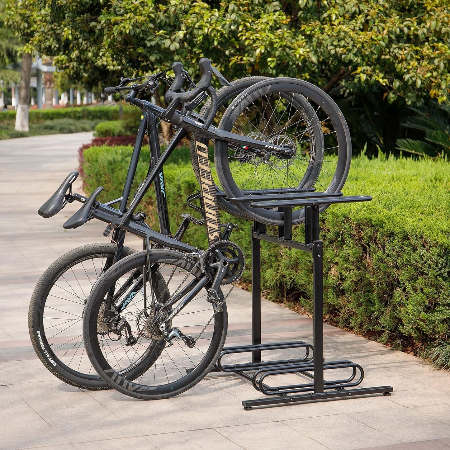 CXWXC 3/5 Bikes Stand Rack - Bike Storage Parking Racks Indoor/Outdoor - Bicycle Stand Garage for Parking Mountain Road Hybrid Bike, Fits Wheels up to 2.4" (3 Adult + 2 Kids Bikes)