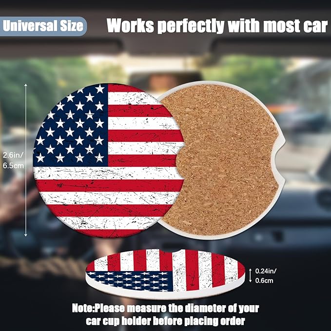 Car Cup Holder Coaster - American Flag Absorbent Ceramic Coaster, Car Coasters for Cup Holders, Auto Accessories for Women & Men, Pack of 2