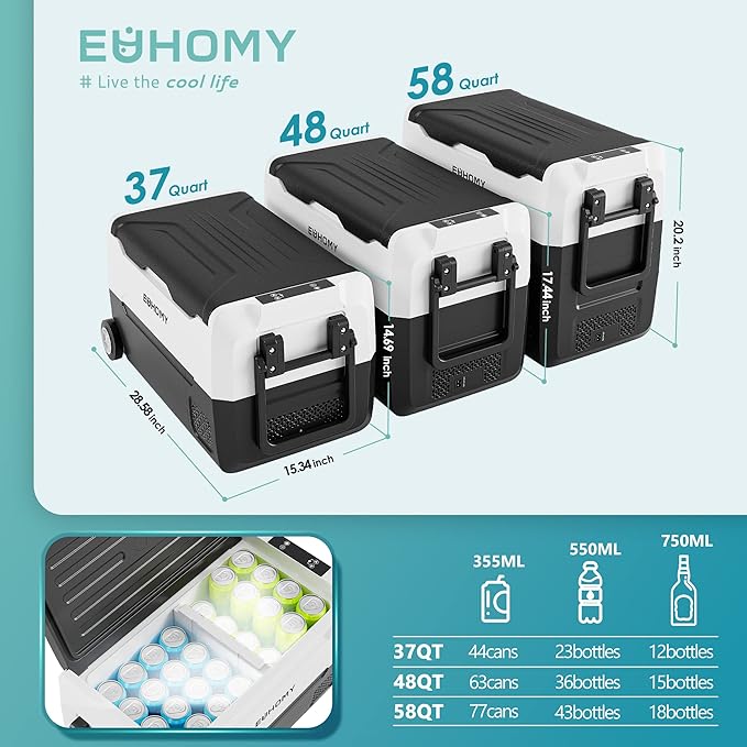 EUHOMY 12 Volt Refrigerator, 58QT(55L) 12V Fridge, Electric Cooler 12/24V DC 100-240V AC -4℉~68℉, 12V Freezer Removable Divider, Car Fridge For Camping, RV, Travel, Fishing, Outdoor
