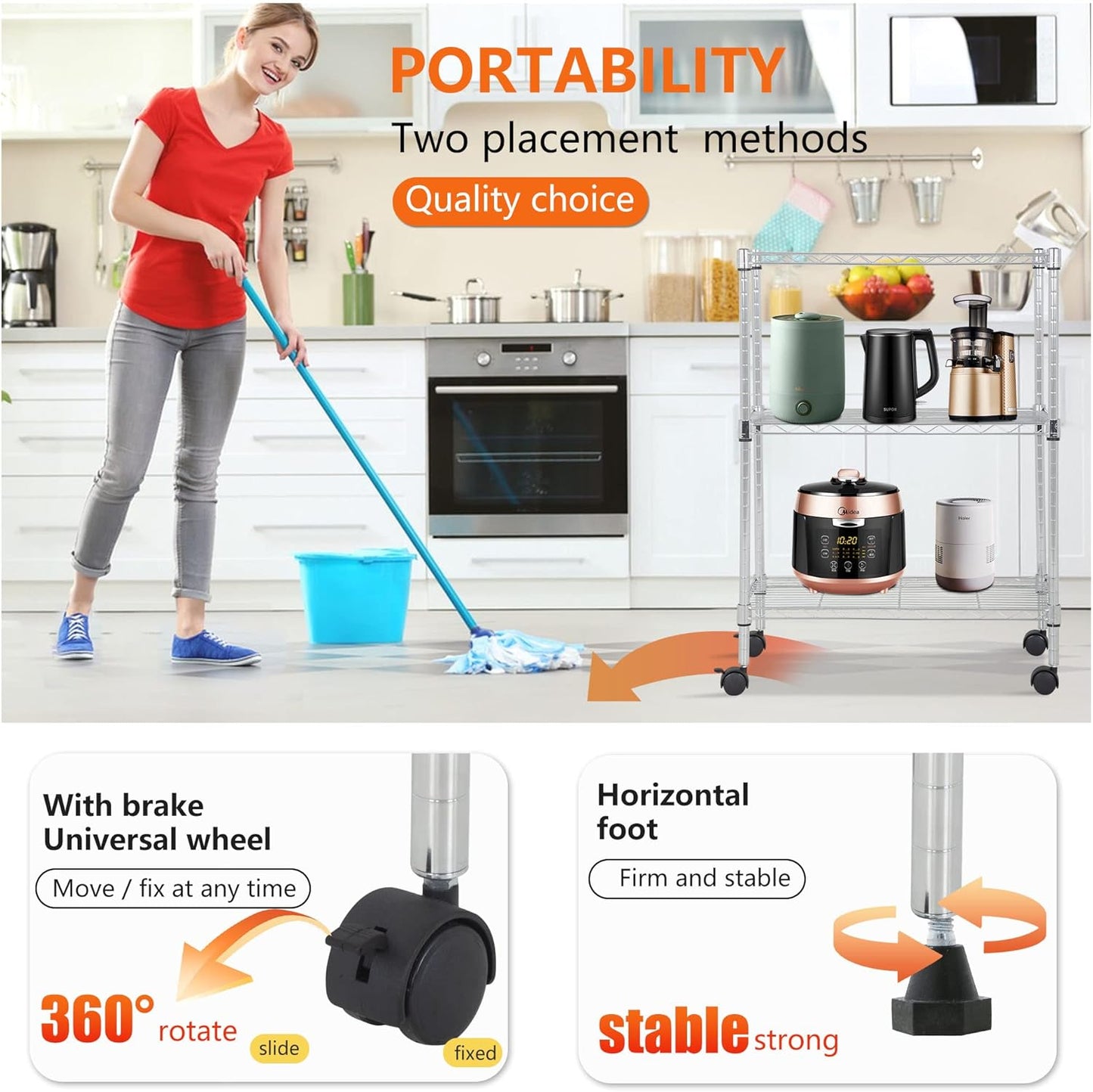 BestOffice 3-Tier Adjustable Wire Shelving Storage Shelves Heavy Duty Shelving Unit with Wheels for Small Places Kitchen Garage Balcony,Chrome