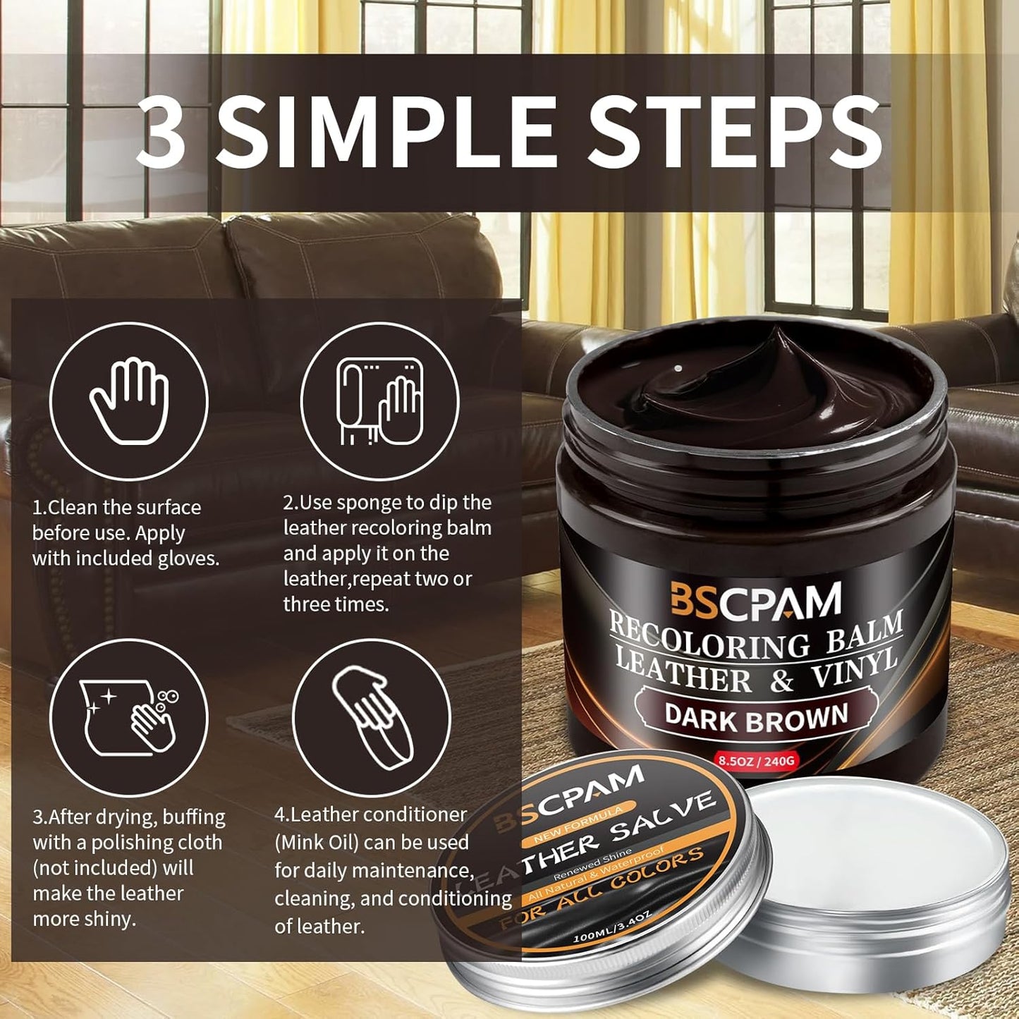 Dark Brown Leather Recoloring Balm with 100ml Mink Oil,Leather Couch Scratch Remover,Leather Repair kit for Vinyl Furniture and Car Interior,Leather Dye Paint,Mink Oil for Leather