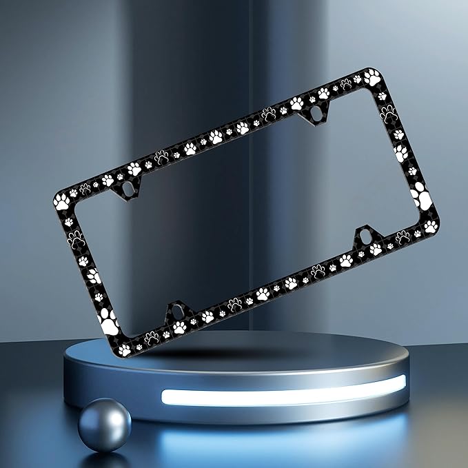 2 Pieces Dog Cat Paw License Plate Frame Pet License Plate Frames Personalise Stainless Steel Funny Design Compatible with Standard License Plate Holder for USA and Canada 6 X 12 with Screws
