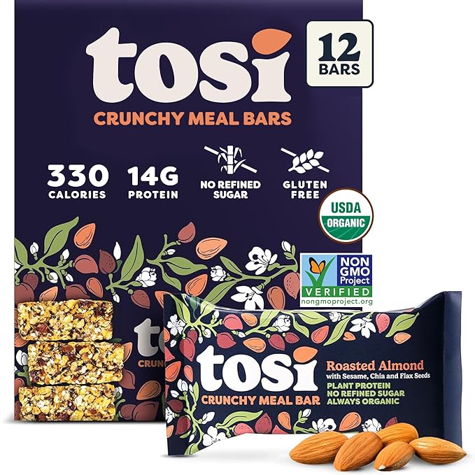 Tosi Almond Protein Bars, Plant Based with Nuts, Gluten-Free Crunchy Snacks, Vegan, Organic, Flax & Chia Seeds, Soy-Free, Omega 3s, 12G Protein, 2.4 oz, 12-Pack