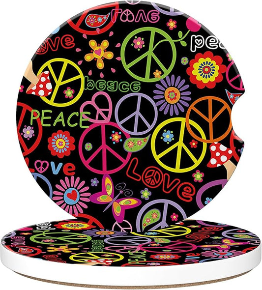 Childish Hippie Pattern Car Cup Holder Coaster, Car Coasters for Cup Holder, 2 Pack Peace and Love Symbol Anti-Slip Absorbent Ceramic Car Cup Coasters for Women Men with Finger Notch Cork Base 2.56"