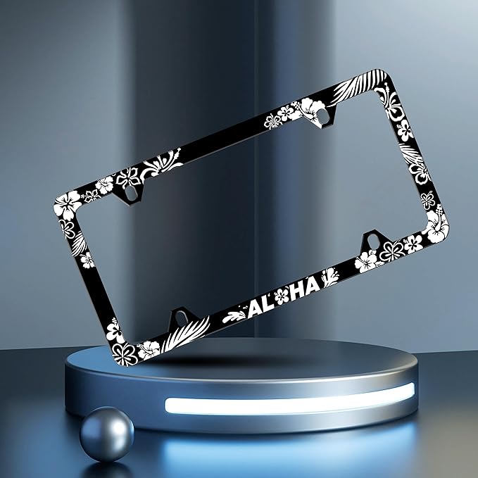 Aloha License Plate Frame Beautiful Hibiscus Flower License Plate Frames Personalise Stainless Steel Funny Design Compatible with Standard License Plate Holder for USA and Canada 6 X 12 with Screws
