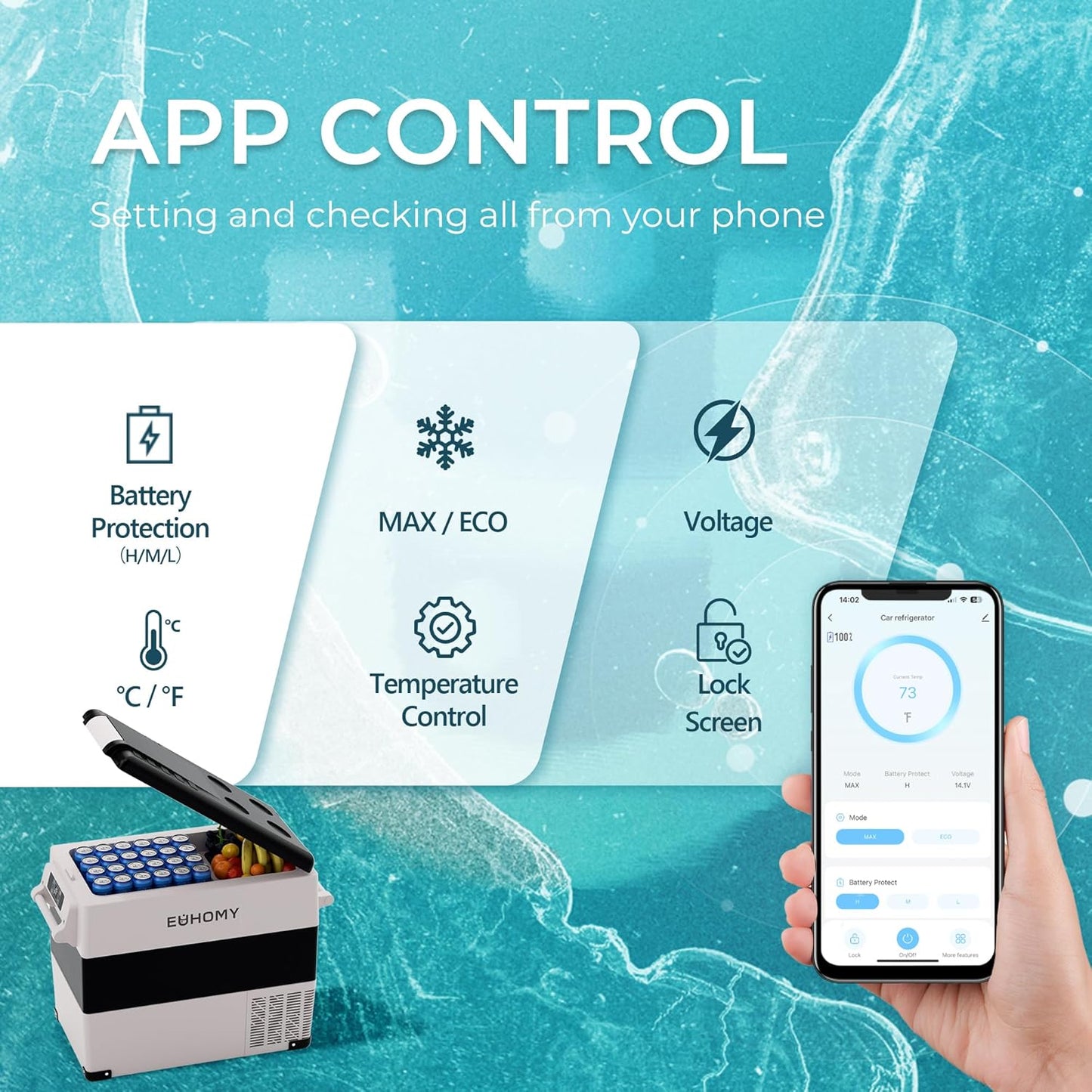 EUHOMY 12 Volt Refrigerator, 59QT(55L) Electric Cooler, 12V Fridge APP Control, 12V Cooler -4℉~68℉, Portable Freezer 12/24V DC 110-240V AC for Camping, Travel, Truck, Home