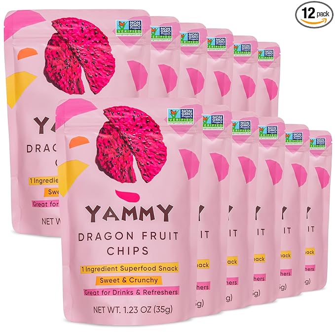Yammy Dried Dragon Fruit Chips for Drinks Refreshers, Healthy 1 Ingredient Superfood Snack, Crunchy Like Freeze Dried Dragonfruit Chunks, Dehydrated Pitaya Pieces, Gluten Free Vegan (1.2oz Pack of 12)