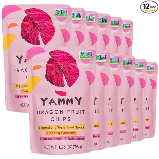 Yammy Dried Dragon Fruit Chips for Drinks Refreshers, Healthy 1 Ingredient Superfood Snack, Crunchy Like Freeze Dried Dragonfruit Chunks, Dehydrated Pitaya Pieces, Gluten Free Vegan (1.2oz Pack of 12)