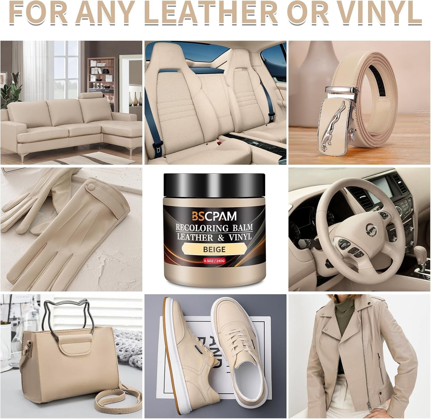 Beige Leather Recoloring Balm,Leather Couch Scratch/Stain Remover,Leather Repair kit for Vinyl Furniture and Car Interior,Leather Dye Paint for Scratched and Faded Leather Couches