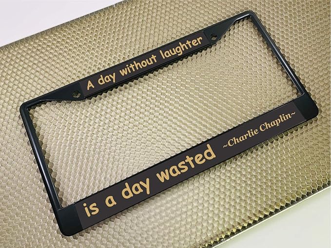 Custom Personalized Black Powder-Coated Metal Laser Engraved Standard Size - Car/Automobile License Plate Frame with Free caps - Black/Gold Text (Qty: 1 Frame)