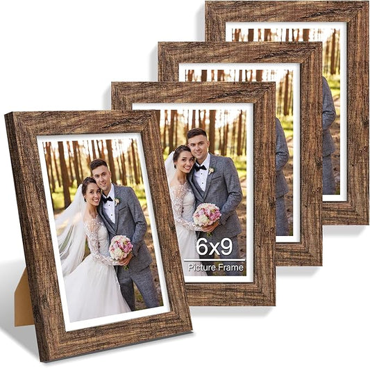 6x9 Picture Frame Set of 4, Made of Real Glass and Rustic Brown Wooden Frame - 6 by 9 Photo for Wall or Tabletop Display