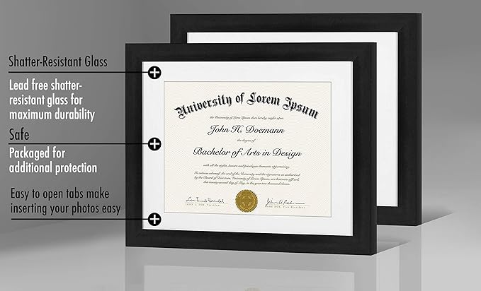 Americanflat 11x14 Black Diploma Frame - Displays 8.5x11 with Mat or 11x14 Inch Without Mat - Shatter-Resistant Glass - Hanging Hardware Included (2-Pack)