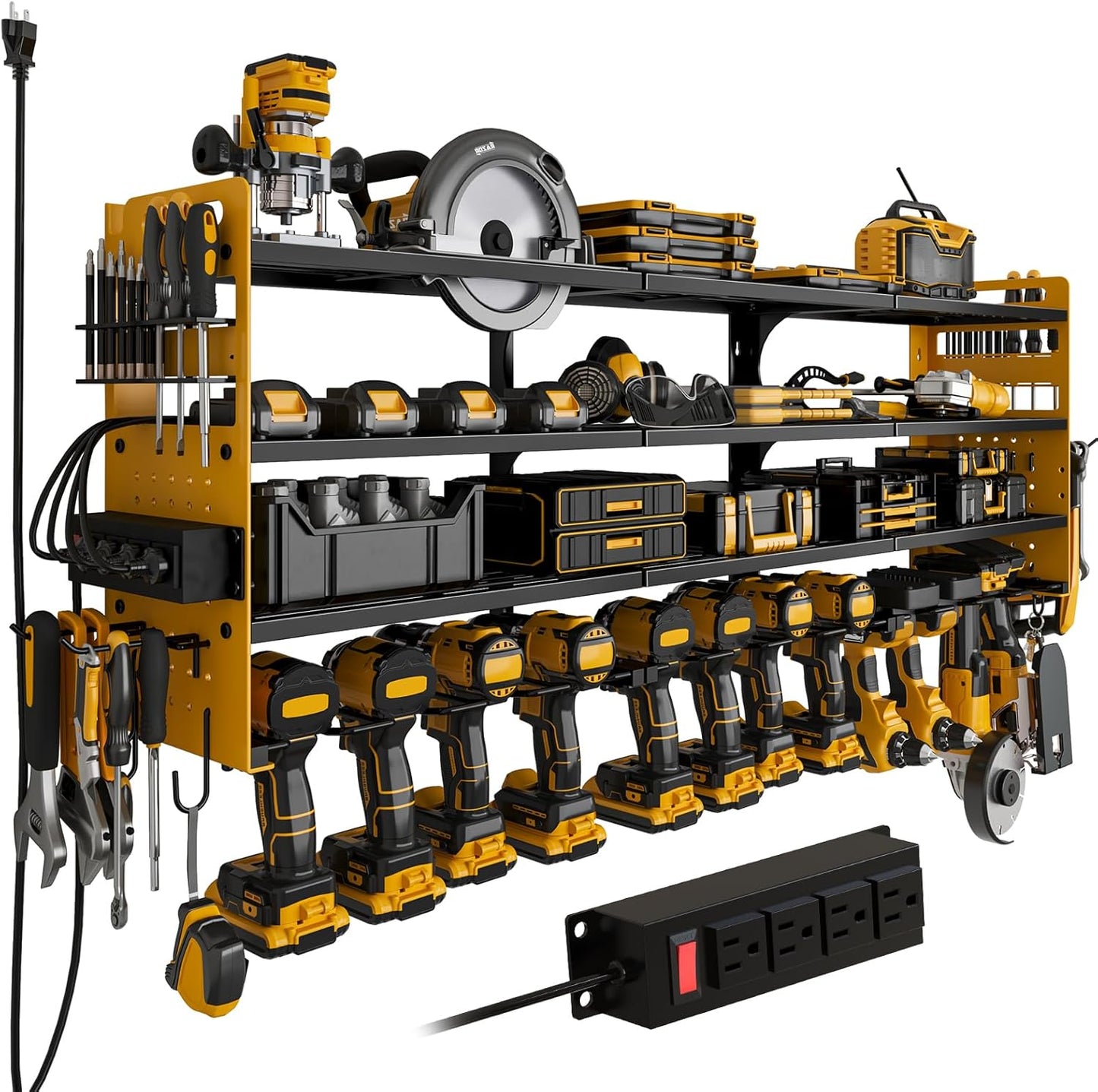 12 Cordless Drill Holder Large Power Tool Organizer Wall Mount with Side Pegboard & Screwdriver Holder, 4-Tier Heavy Duty Metal Tool Storage Rack with 4-Outlet Power Strip