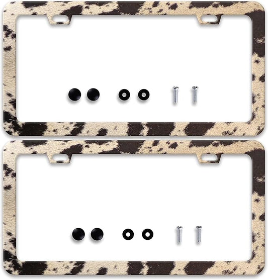 2 Pcs Brown Cow Print License Plate Frame Animal License Plate Frames Personalise Stainless Steel Funny Design Compatible with Standard License Plate Holder for USA Canada 6 X 12 Inch with Screws