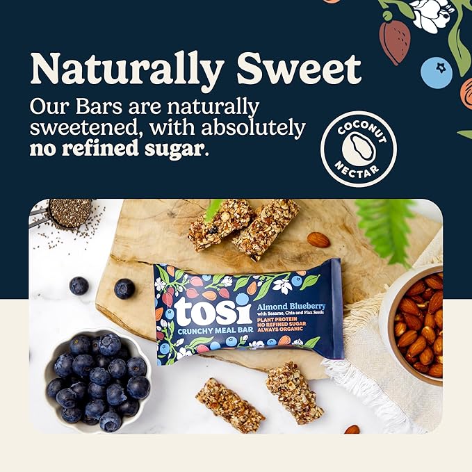 Tosi Almond Blueberry Protein Bars, Plant Based with Nuts, Gluten-Free Crunchy Snacks, Vegan, Organic, Flax & Chia Seeds, Soy-Free,Omega 3s, 12G Protein, 2.4 oz, 12-Pack
