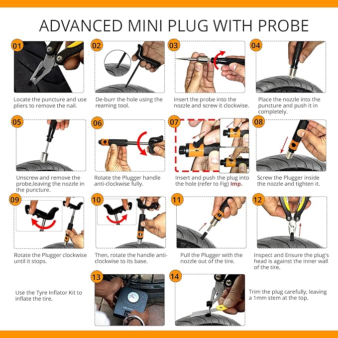 GRAND PITSTOP 21 Pcs Tubeless Tire Plugger Repair Kit with Multi-funcional Plier for Punctures and Flats on Cars, Motorcycles, ATV, RV, SUV, Trailer, Trucks & Tractors (15 Mushroom Plugs)