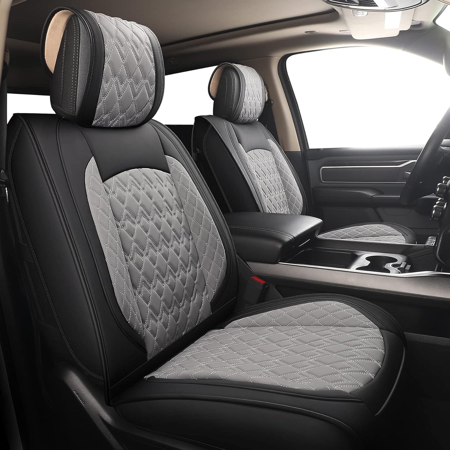 JOJOBAY Car Seat Covers for Dodge Ram 2 Pcs Front,Fit Ram 2009-2025 1500/2500/3500 Pick-up Truck,Crew,Regular,Quad,Mega Cab,Waterproof Leather Seat Covers Protectors（2 PCS Front,Black-Grey）