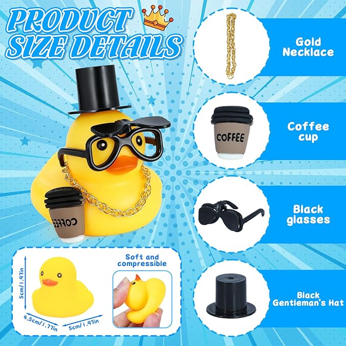 BOZILY Funny Rubber Duck with Mini hat, Gold Necklace, Folding Glasses, Coffee Cup - Rubber Duck Car Ornaments & Home Decor - Multi-Use Dashboard Duck Gift for Adults, Car Lovers