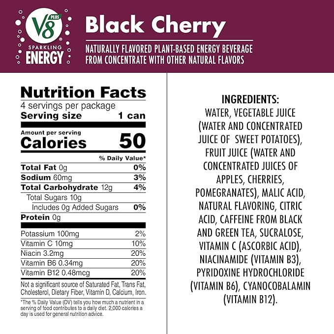 V8 SPARKLING +ENERGY Black Cherry Energy Drink, 11.5 fl oz Can (Pack of 4)