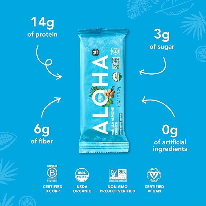 ALOHA Organic Plant Based Protein Bars, Vanilla Almond Crunch, 1.98-Ounce Bars, (Pack of 12)