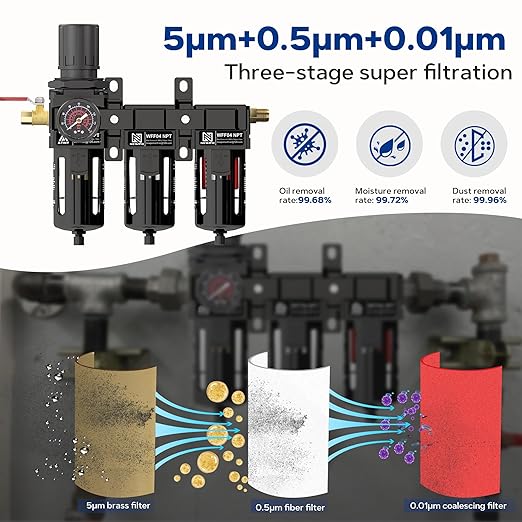NEWPO 1/2" Three Stage Air Drying System Compressed Air Filter Regulator for Spray Guns,Air Pressure Regulator Combo 5＆0.5&0.01 Micron Filter Cartridge,Semi-Auto Drain, Metal Bracket Black