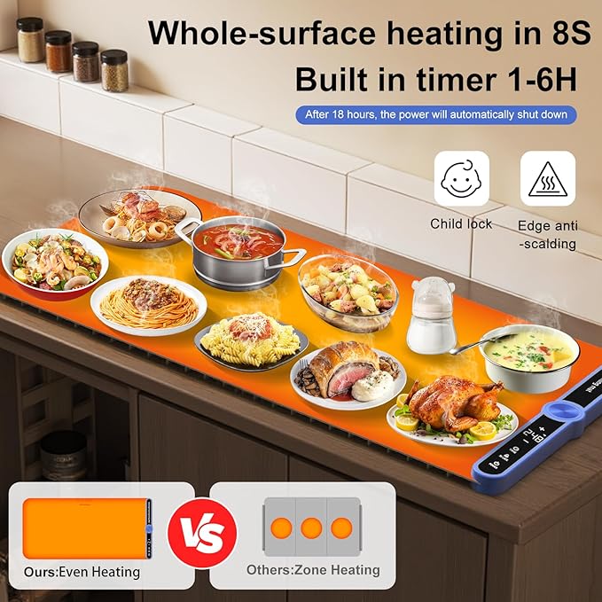 Electric Silicone Food Warmers for Parties Buffet 40”X15” Extra Large Food Warming Mat Keep Food Warm Last 18H Even Heating 104F to 248F with Child Lock Easy Clean/Storage