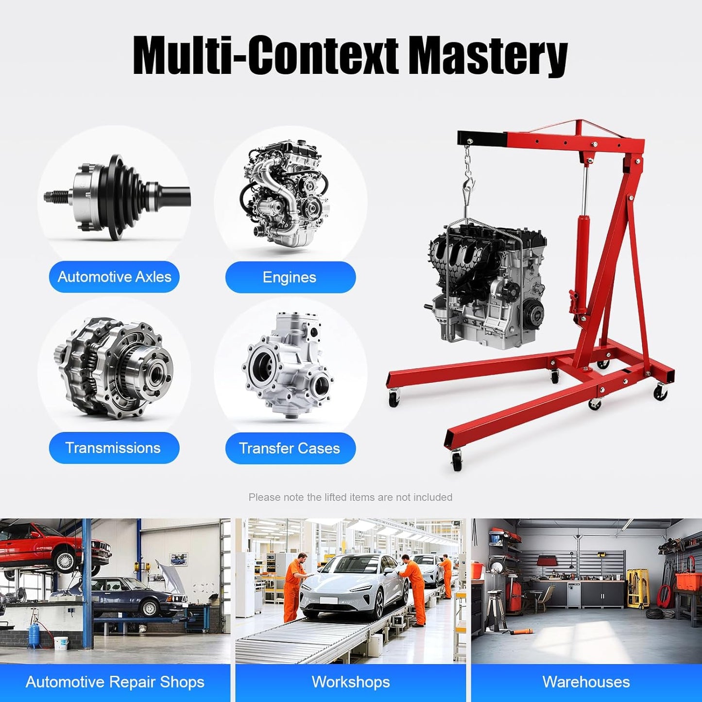 2 Ton Engine Hoist, Folding Hydraulic Engine Crane Red, Heavy Duty Cherry Picker Engine Crane, Four Adjustable Positions, Adjustable Load Arm & 6 Iron Caster Wheels for Garage, Workshop