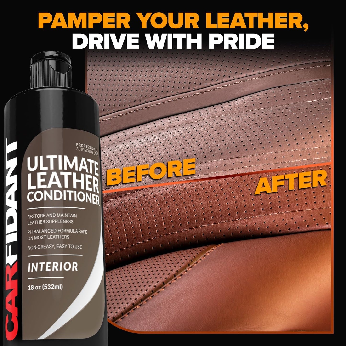 Carfidant Ultimate Leather Conditioner & Restorer - Full Leather Restore & Conditioning Kit with Applicator Pad for Car Seats, Couch, Furniture, Shoe, Sofa, Bag & Purses - 18 fl. oz.