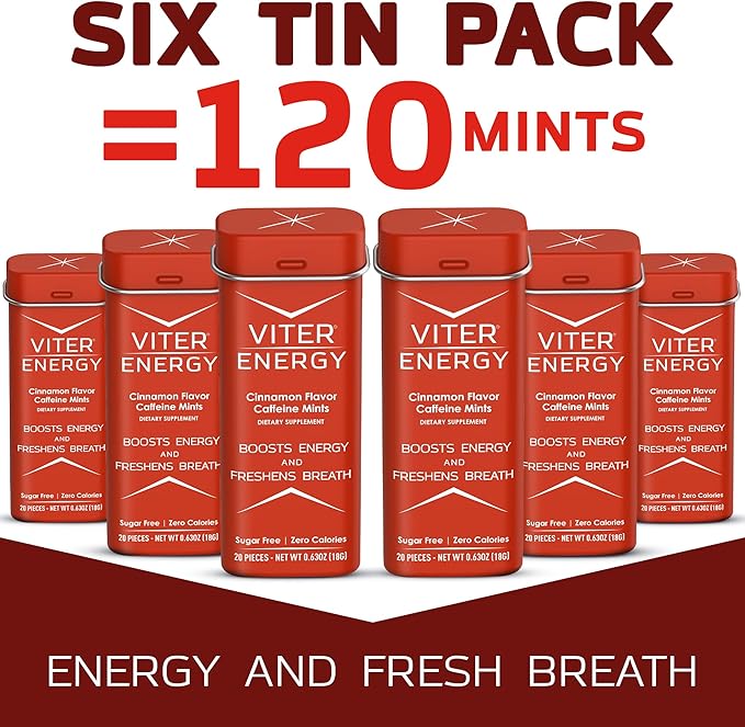 Viter Energy Caffeine Mints (120 Pieces) - 40mg Caffeine, Sugar Free, Vegan, B Vitamins Complex, Energy Supplement Caffeine Pills (Cinnamon, 6 Pack)