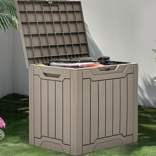 YITAHOME Outdoor Resin Storage Box 31 Gal, Water-resistant Patio Deck Box Outdoor Storage Box for Pillows, Garden Equipment, Securely Lockable, Light Brown