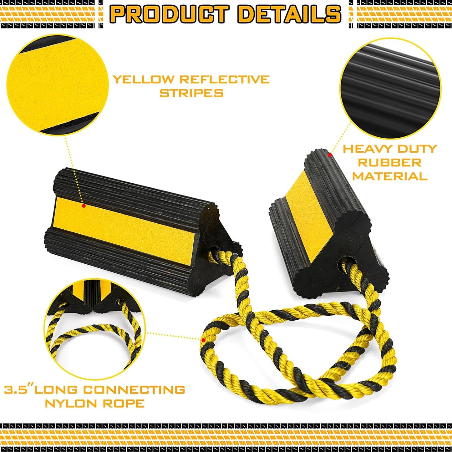4 Pair Heavy Duty Wheel Chocks for RV Trailer, Rubber Wheel Stoppers, Dual Blocks, Non Slip Tire Chock with Nylon Rope Reflective Tape for RV Camper Travel Trailers Car Truck (Yellow)