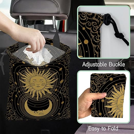 Mystical Sun Car Trash Bag,Golden Crescent Moon Hanging Drawstring Car Garbage Bag,Waterproof Canvas Car Back Seat Organizer with Adjustable Buckle,for Vehicles,SUVs,Camping,Road Trips