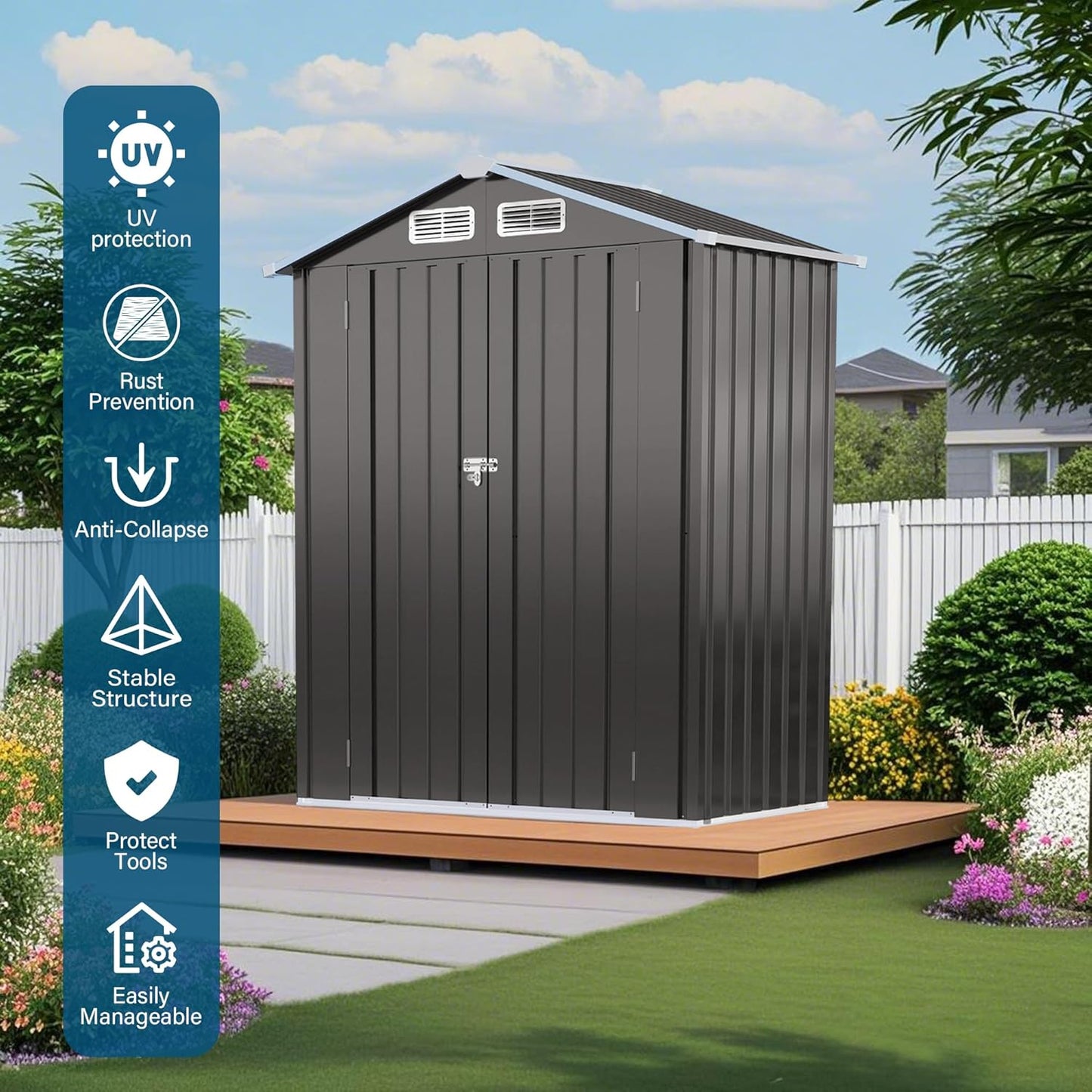ARMSET 5x3 FT Metal Outdoor Storage Shed for Patio & Balcony - Waterproof Small Shed for Garden Storage, Lockable Vertical Tool Shed Cabinet for Backyard, Bike Parts & Sundries
