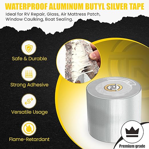 T.R.U. Jewelry T.R.U. Waterproof Aluminum Butyl Silver Tape Roof Leak Patching: Ideal for RV Repair, Glass, Air Mattress Patch, Window Caulking, Boat Sealing. 4” (100mm) X 5.55 Yds (16.7’). 2 Rolls