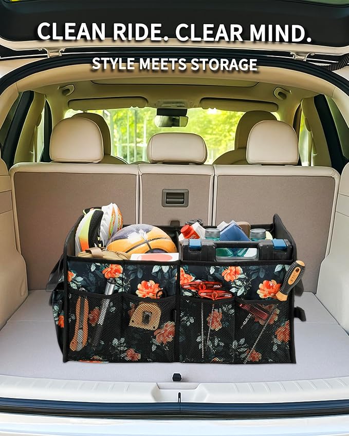 Sturdy Car Trunk Organizer ??70L Large Capacity Trunk Organizer for SUVs & Sedans, Hard-Shell One-Piece Design with Cute Print, Collapsible and Durable Car Organizers (Flower)