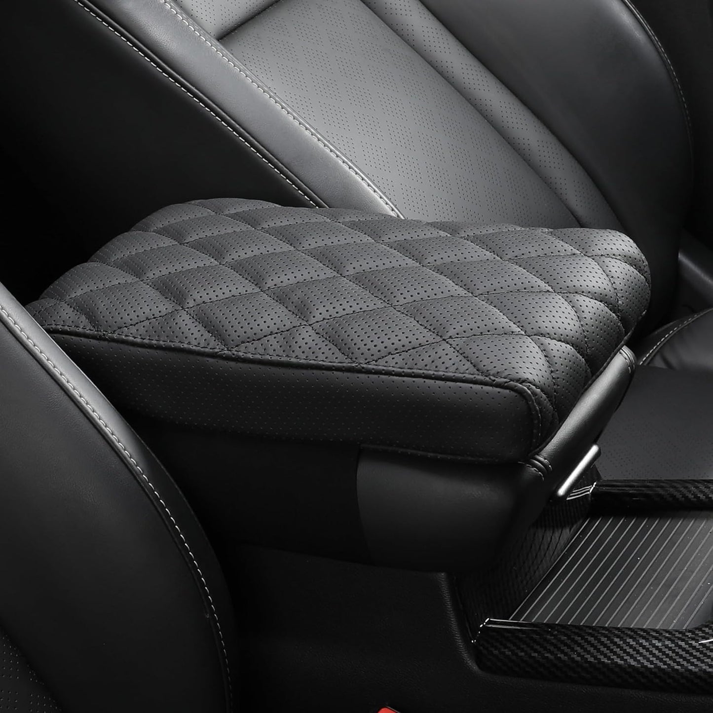 Car Center Console Cover pad Genuine Cowhide Leather,Black Armrest Box mat, Vehicle Arm Rest Cushion Protector,Memory Foam true cow Leather (sizeB 14 x 8 x 2.2 inch(midsize cars and SUVs)