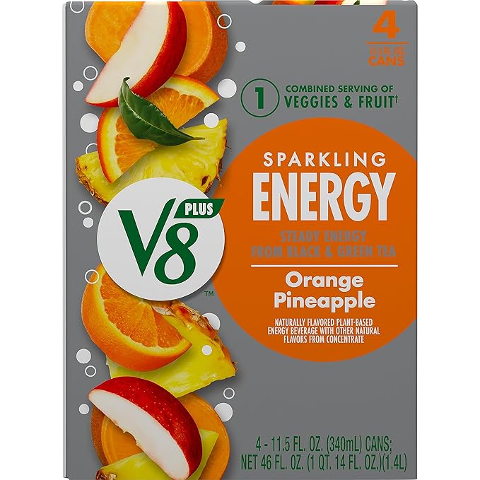 V8 +Energy Sparkling Orange Pineapple Juice Energy Drink, 11.5 fl oz Can (4 Pack)