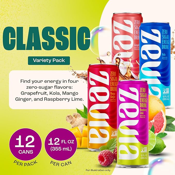 Zevia Zero Sugar Energy Drink, Classic Variety Pack, 12 oz Cans (12-Pack) – Naturally Sweetened, Non-GMO Project Verified, Gluten-Free, Vegan