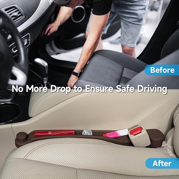 Car Seat Gap Filler Set of 2, 3IN1 Seat Side Gap Filler Plug with Storage Slot & Hook Function, Soft Foam Universal Fit Car SUV Truck Fill Gap Between Seats Console Organizer（Standard Brown）