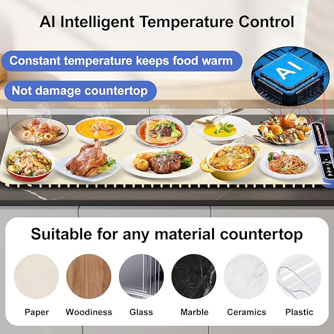 Warming Mat for Food Extra Large (XXL:40”X15”) Food Warming Mat for Countertop Parties Buffet 650W 8S Fast Even Heating 9-Level Temp Food Warmer Portable Silicone
