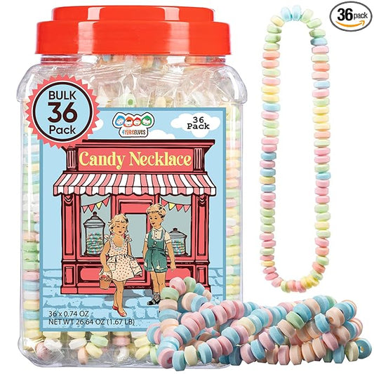 36 Candy Necklaces Individually Wrapped, Choker Style, Nostalgic Pastel Candy Jewelry Perfect for Party Favors, Pinata Fillers and Goodie Bags, Packed in a Convenient Display Tub, By 4YoreElves