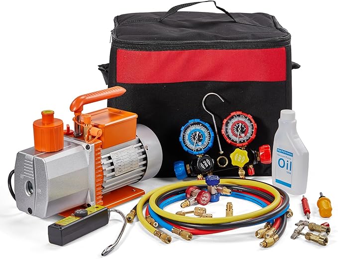 SUNROAD HVAC Air Vacuum Pump Set, 5 CFM 1/2HP A/C Refrigeration AC Manifold Gauge Kit for R410A R134a R12 R22 R502 Auto Air Conditioning Refrigeration Recharging