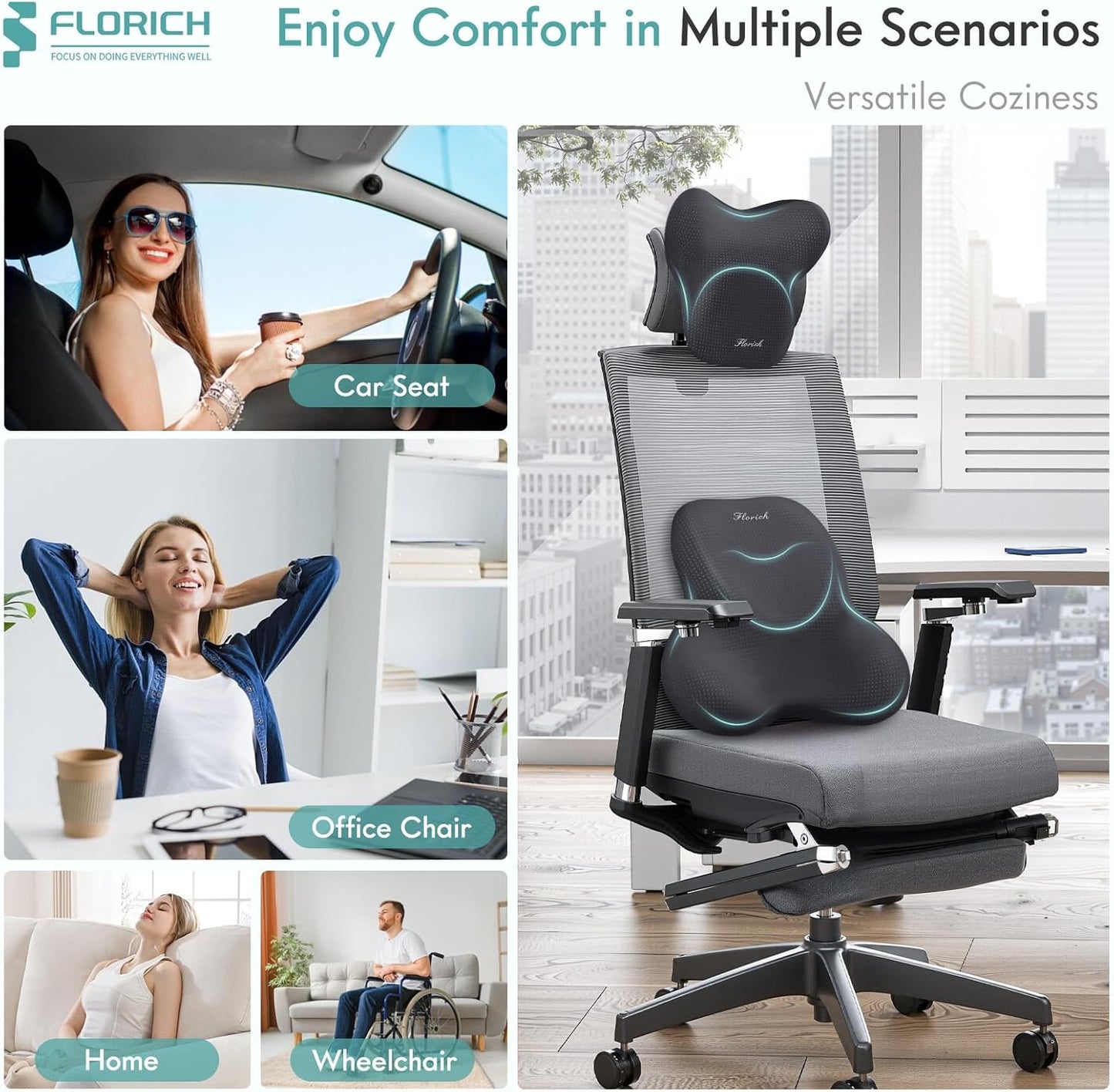 FLORICH Car Lumbar Support Pillow and Neck Headrest Pillow for Office Chair, Ergonomic Memory Foam, Relieves Neck, Back Pain, Pressure-Relieving Back Support for Car, Office Chair & Wheelchair – Gray