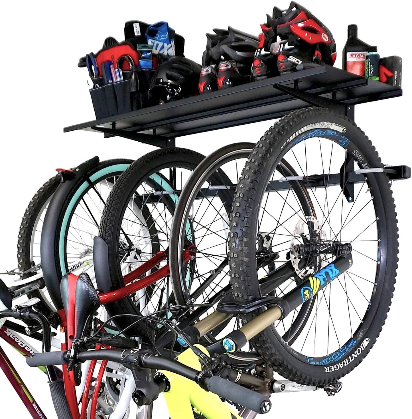 StoreYourBoard Bike Storage Rack with Shelf – Heavy Duty Garage Bike Storage Rack for 5 Bicycles, Adjustable Vertical Bike Rack, Bike Rack Shelf for Helmets & Gear, Holds 300 lbs