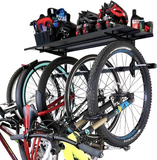StoreYourBoard Bike Storage Rack with Shelf – Heavy Duty Garage Bike Storage Rack for 5 Bicycles, Adjustable Vertical Bike Rack, Bike Rack Shelf for Helmets & Gear, Holds 300 lbs