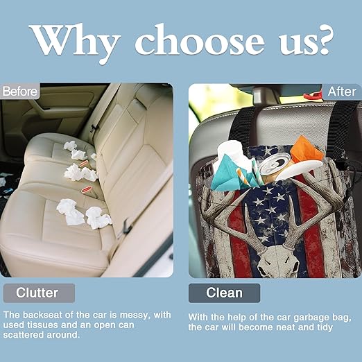 Bucks Antlers Skull Car Garbage Bag,American Flag Small Car Trash Bag Hanging Back of Seat,Drawstring Car Trash Bag with Adjustable Buckle,Car Accessories for Camping Travelling