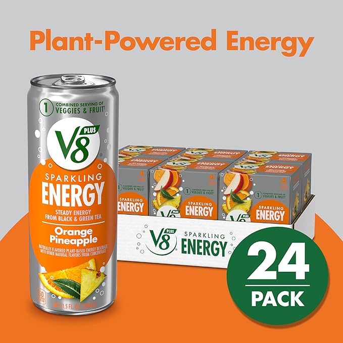 V8 +Energy Sparkling Orange Pineapple Juice Energy Drink, 11.5 fl oz Can (24 Pack)